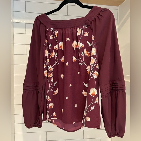 LC Lauren Conrad Floral Squareneck Blouse. Size XS. Burgundy Maroon. - Picture 3 of 5